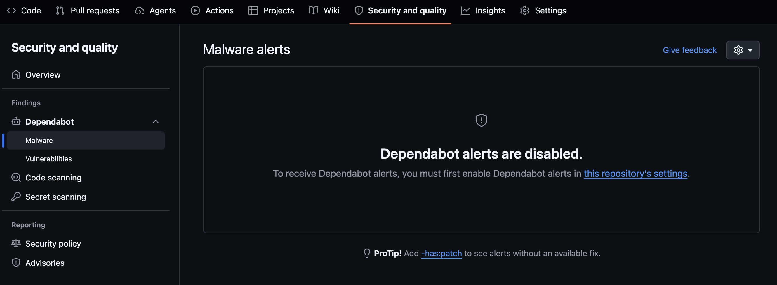 Dependabot alertsでマルウェアを検出した際の通知画面